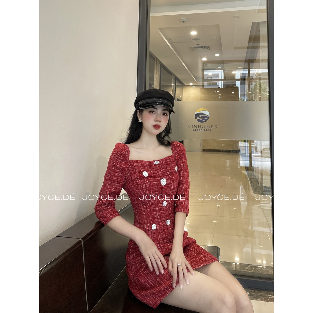 Váy dạ tweed cúc ngọc tay lửng