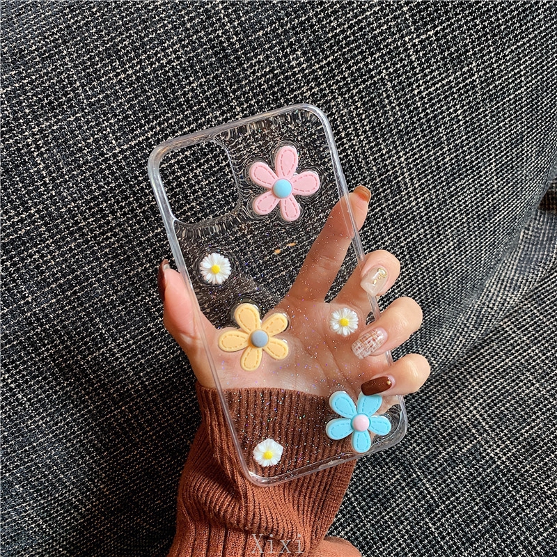 Casing Realme 7 Pro C15 C11 6 Pro 6i 5i 5 5s 5 Pro XT X2 C3 C1 2Pro Daisy Flower Clear Silicone Soft Case Fashion 3D Phone Case Epoxy Glitter Phone Case Shockproof Anti-fall Protective Back Cover