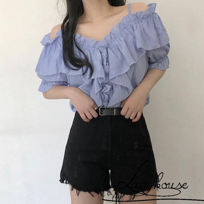 Áo Kiểu Trễ Vai Tay Ngắn Màu Trơn Thời Trang Mùa Hè Cho Nữ