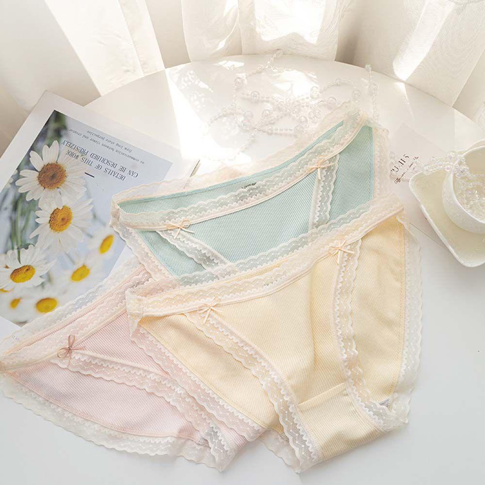 Quần Lót Cotton Lưng Thấp Phối Ren Mỏng Thoáng Khí Đính Nơ Cho Nữ