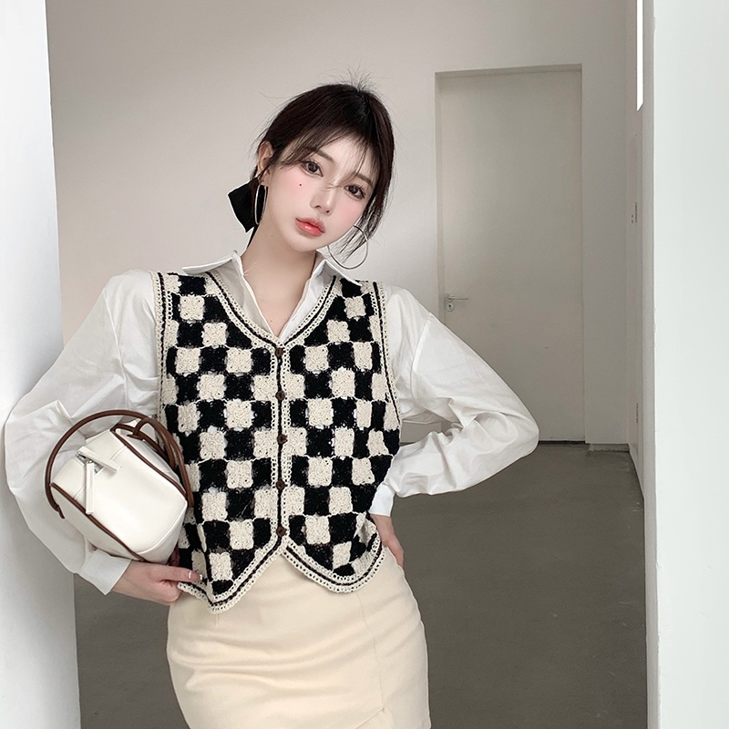 Áo khoác cardigan không tay cổ chữ V kẻ sọc caro dành cho nữ