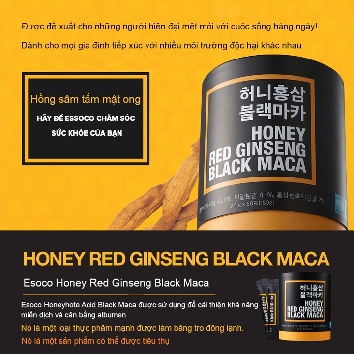 Bột Maca đen hồng sâm tẩm mật ong Essoco Honey Red Ginseng Black Maca - 1 HỘP 60 GÓI