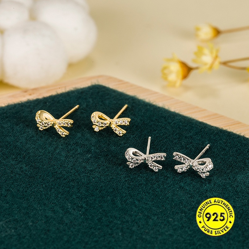 Bông Tai Mạ Bạc 925 Hình Nơ Đính Đá Xinh Xắn Cho Nữ