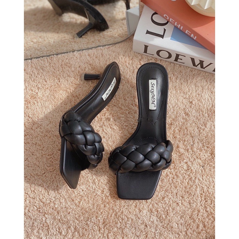 [FULL BOX] Guốc lê nữ quai tết cao gót 7cm xoắn bện thừng đan bính phồng mũi vuông ộm chân hot trend chảnh đẹp 2021