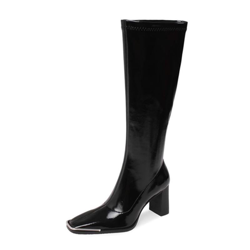 Giày bốt cao gót da bóng mũi vuông co giãn thời trang dành cho bạn nữ