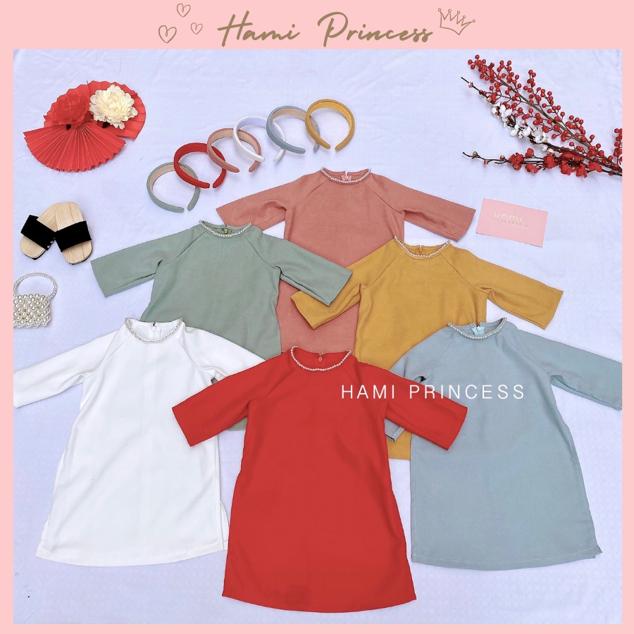 Áo Dài Nhung Cổ Ngọc Có Bờm Điệu Đà Cho Bé Gái HAMI PRINCESS ❤️ (Kèm Quần Lụa &amp; Bờm)