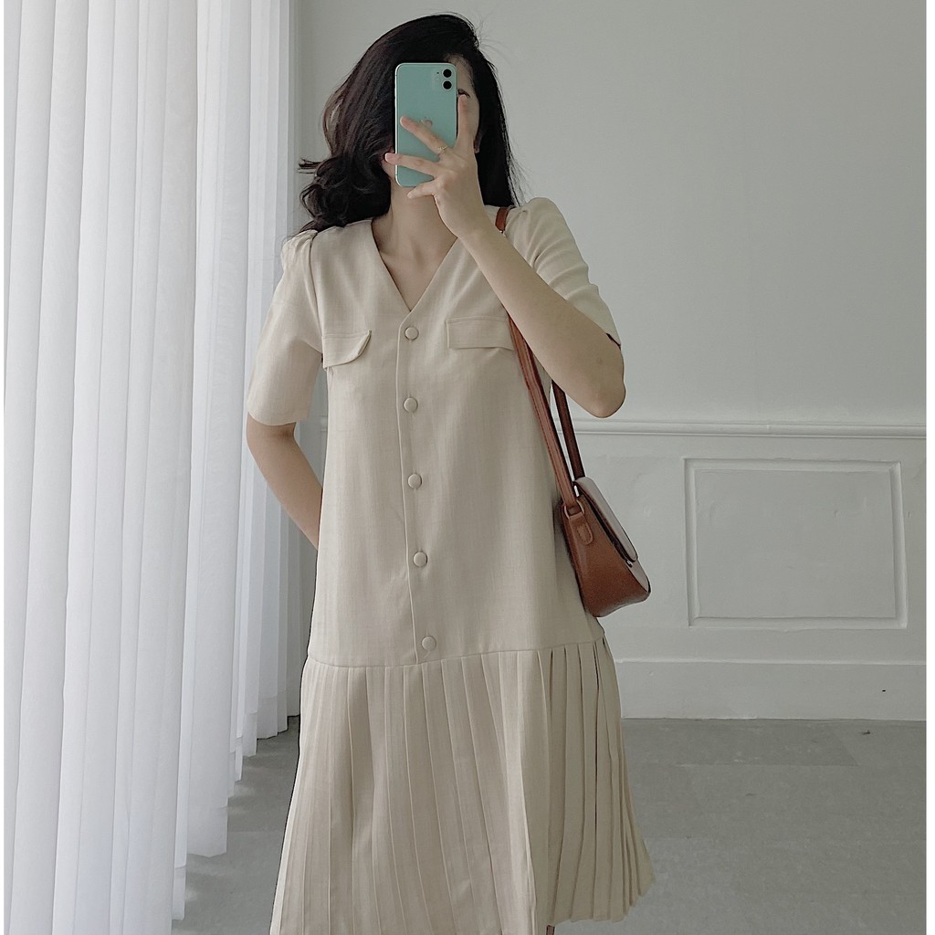 Đầm cổ tim dáng suông xếp li túi giả, đi chơi, công sở LXK00010 | BigBuy360 - bigbuy360.vn