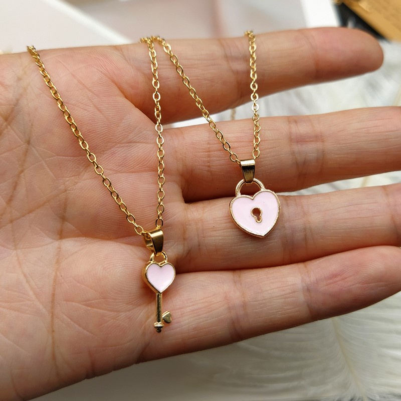 2 Vòng cổ hợp kim mặt ổ khóa trái tim và chìa khóa thời trang cho nữ