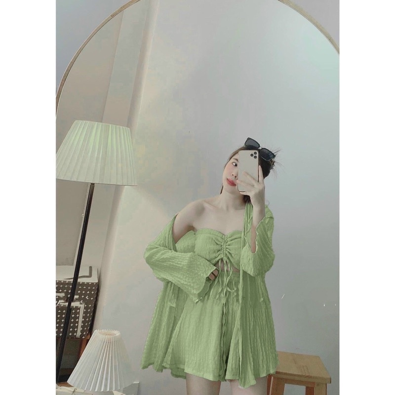 SET 3 MÓN: KHOÁC FORM DÀI +ÁO CROP RÚT DÂY NGỰC + CHÂN VÁY✨