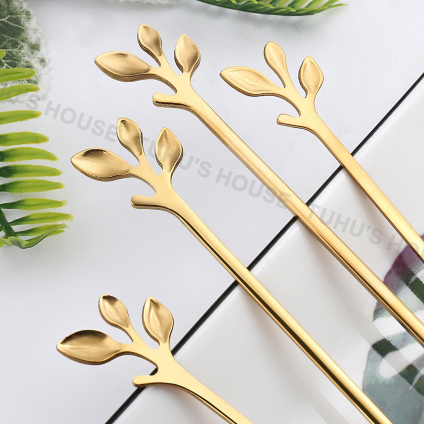 Thìa nĩa inox HÌNH LÁ, muỗng cà phê inox, thìa dài uống trà hai màu vàng bạc sang trọng, tinh tế - TUHUHOUSE