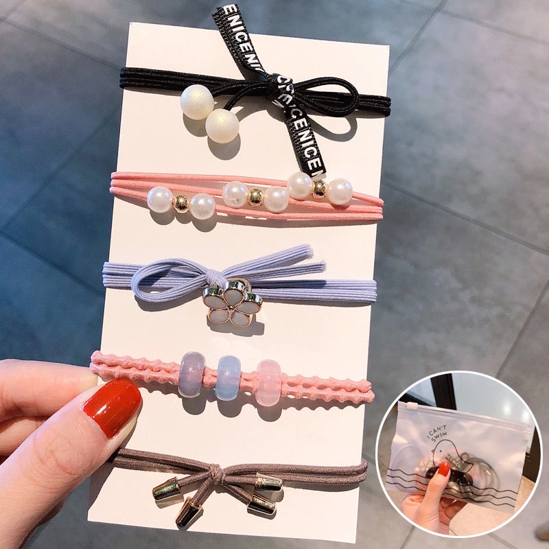 Set 5 / 8 Dây Buộc Tóc Co Giãn Đính Ngọc Trai / Hoa Dễ Thương Cho Nữ