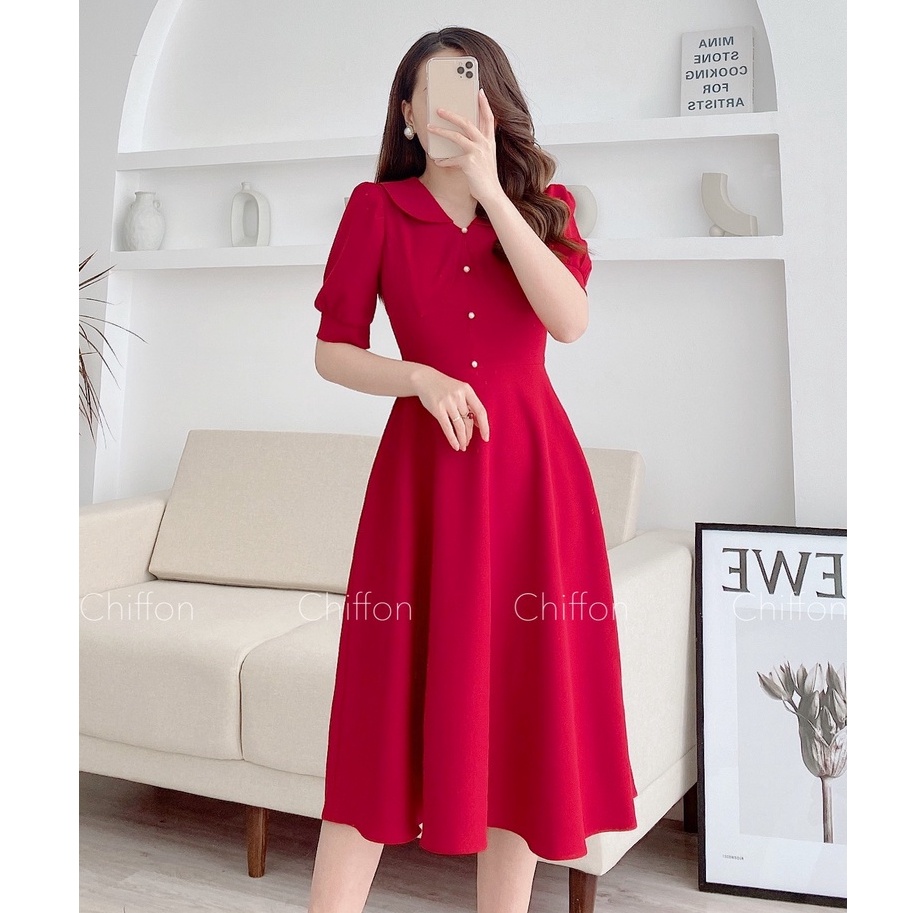 Váy nữ dáng xòe cổ sen đính ngọc thiết kế by Chiffon