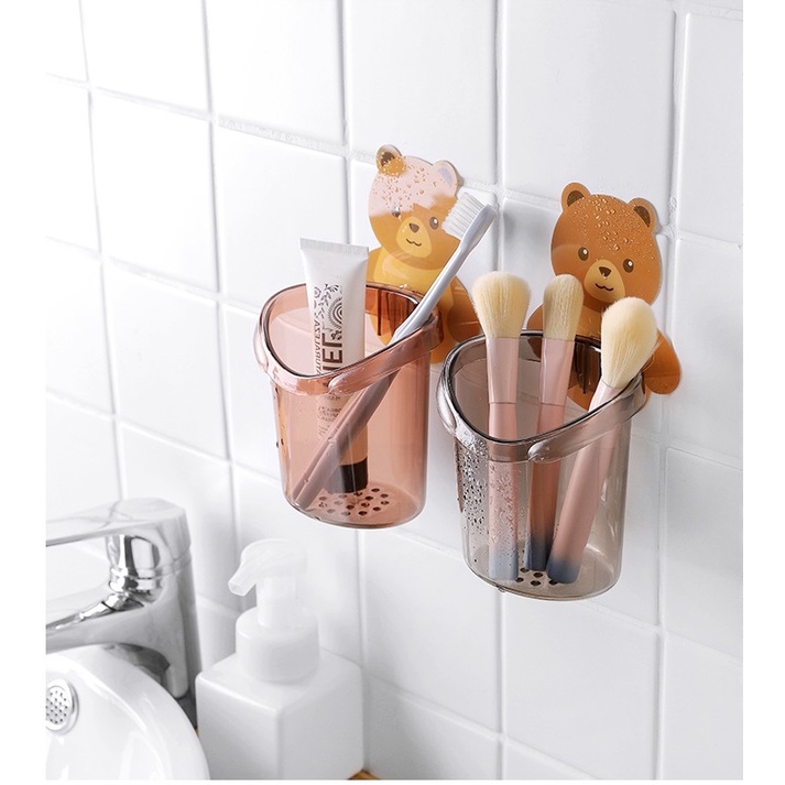 Kệ giá cốc để đựng bàn chải và kem đánh răng treo đồ dán gắn tường cute dễ thương hình gấu