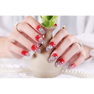 [Hàng mới về] Bộ 24 móng tay giả đính đá kim cương nhân tạo 3D lấp lánh tông đỏ dành cho cô dâu