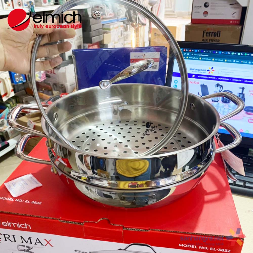 Chảo lẩu kèm xửng hấp đa năng Inox liền khối Elmich Trimax CZ EL-3832 size 28cm