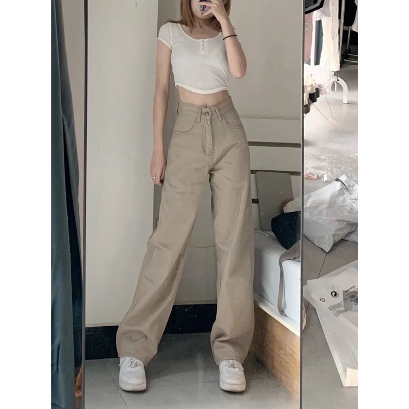 Quần Jean Lưng Cao Ống Suông Màu Nâu Be Trendy