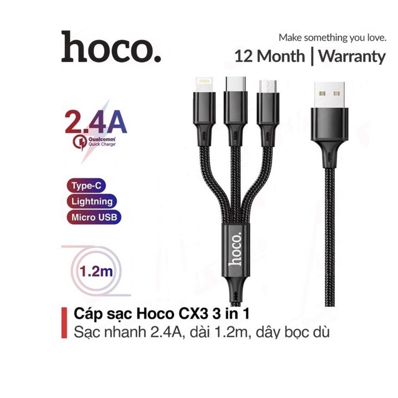 Cáp sạc đa năng 3 đầu Hoco CX3 Lightning/Micro/Type-C sạc nhanh 2.1A chất liệu nylon chống đứt dài 1.2M