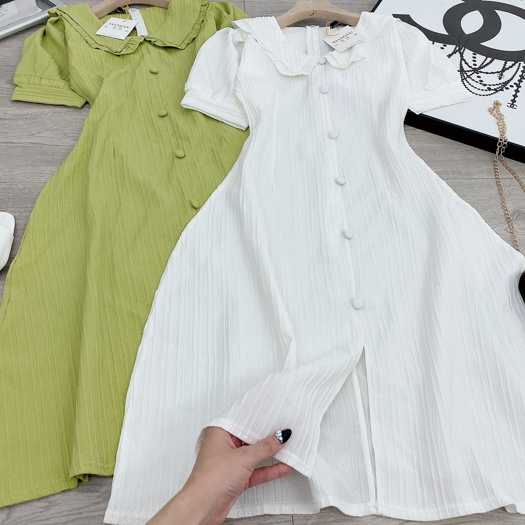 Đầm tiểu thư cổ bèo chữ V xẻ tà trước đính cúc bọc siêu xinh đáng yêu, đầm công chúa dễ thương