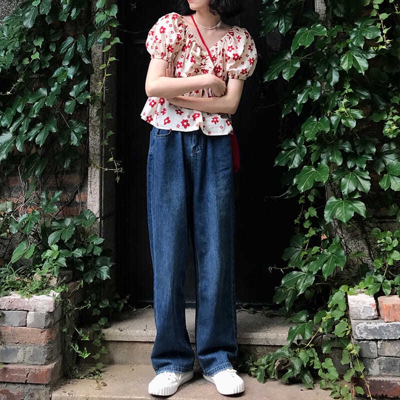 Áo Kiểu Tay Phồng Cổ Chữ V Xếp Ly In Họa Tiết Hoa Phong Cách Hàn Quốc Thời Trang Cho Nữ