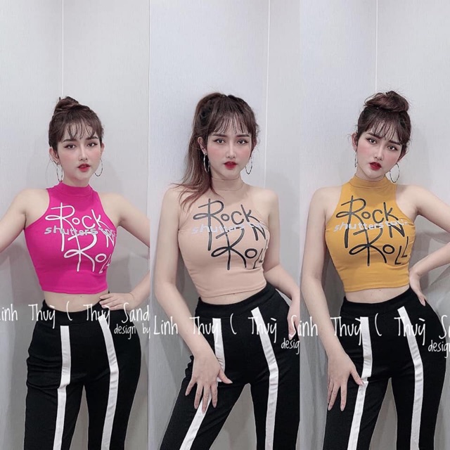 Áo croptop sát nách chữ Rock