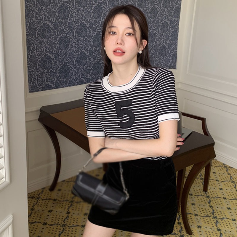 Áo Thun Dệt Kim Tay Ngắn Dáng Ôm Kẻ Sọc Màu Sắc Tương Phản Co Giãn Phong Cách Hàn Quốc