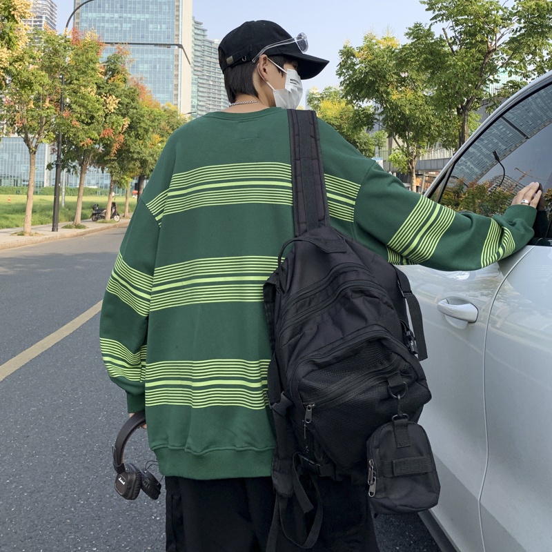 Áo thun tay dài dáng rộng họa tiết kẻ sọc màu sắc thời trang cho nam