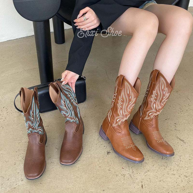 Oeteo Giày Bốt Cao Bồi Thêu Hình Chữ V Thời Trang Phương Tây Mùa Thu Cho Nữ