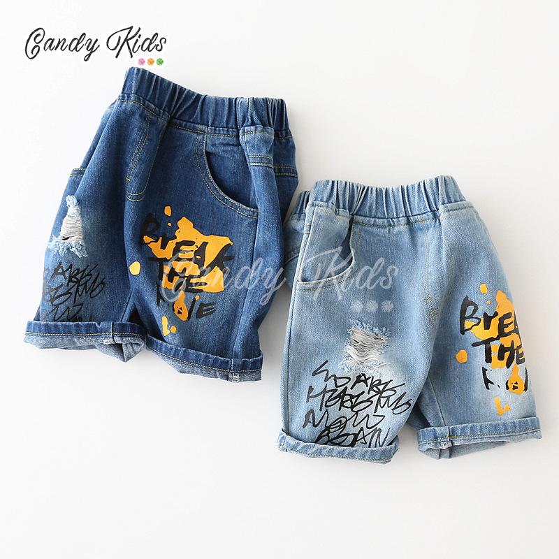 Quần Short Denim In Chữ Thời Trang Cho Bé Trai 2-8 Tuổi