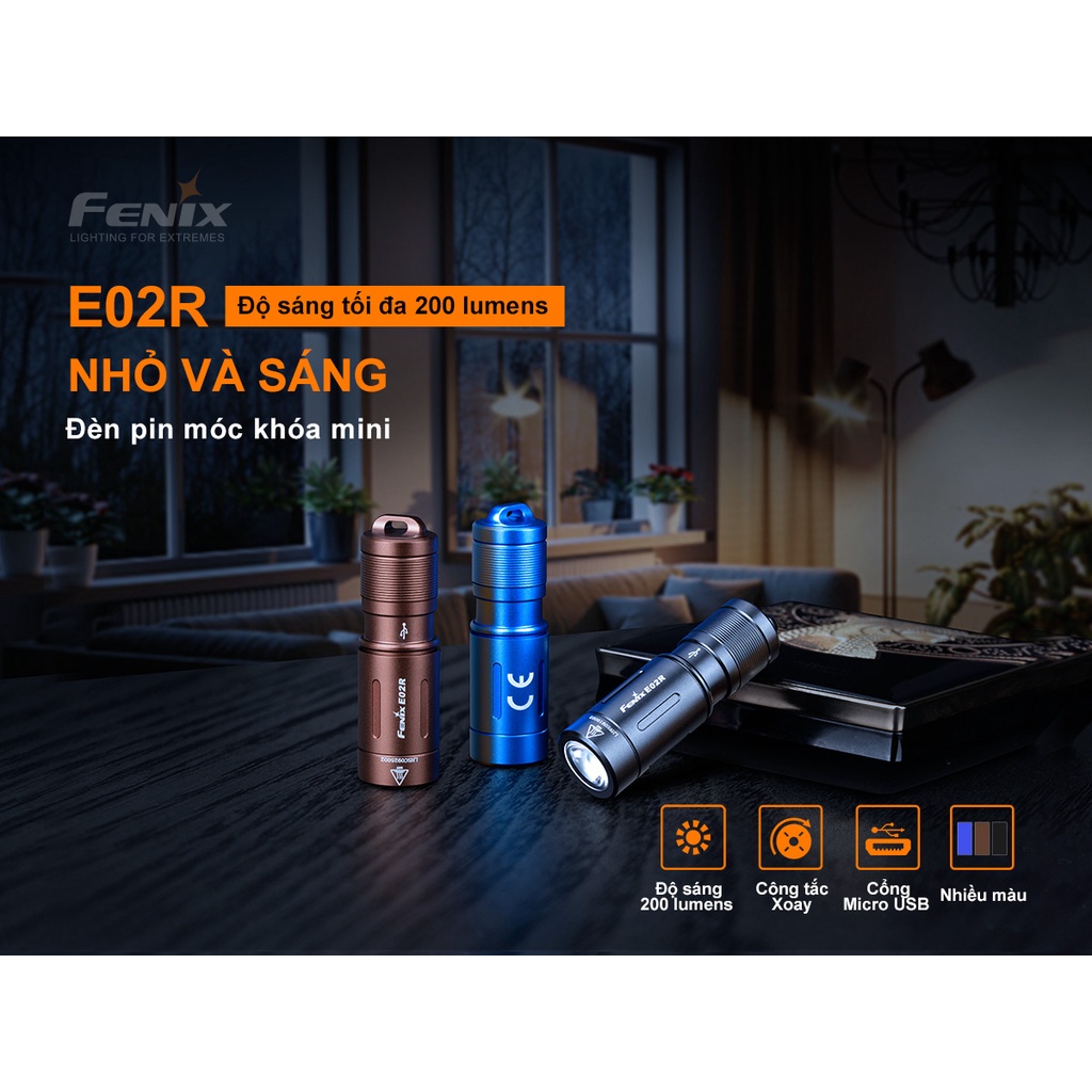 Đèn pin móc khóa FENIX E02R độ sáng 200 lumen chiếu xa 49m sạc Micro USB pin sạc 120mAh