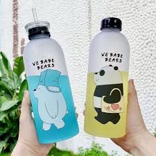 Bình Nước Nhựa Trong Suốt Cách Nhiệt In Hình Gấu Trúc Hoạt Hình Dung Tích 1000ml Kèm Ống Hút Tiện Dụng