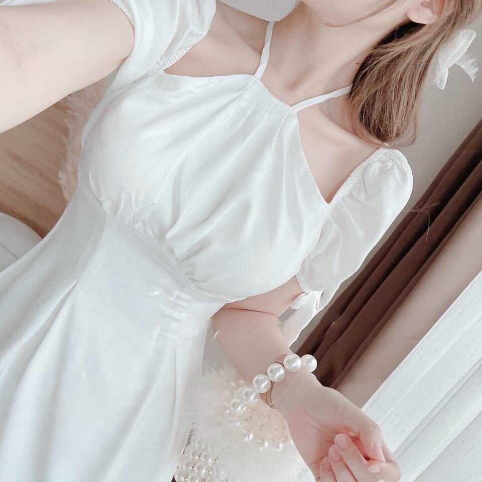 Đầm đỏ dạo phố dáng xòe cổ yếm tay bồng nhẹ phối nơ xinh xắn San Dress