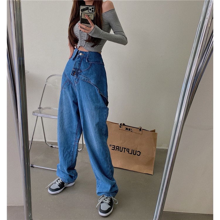 QKOOLE Quần jean dài  dáng rộng lưng cao phong cách Hàn Quốc cho nữ