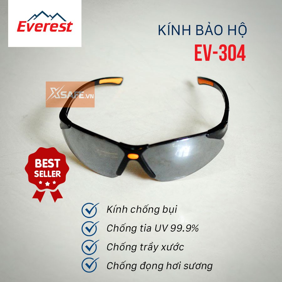 Kính bảo hộ lao động Everest EV304 - Mắt kính đen tráng bạc chống chói lóa, chống bụi,chống cực tím - Bảo vệ mắt an toàn