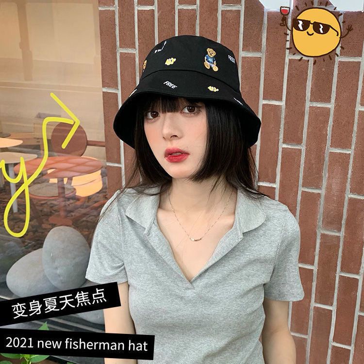Mũ bucket màu đen họa tiết gấu hoạt hình phong cách Hàn Quốc thời trang mùa hè cho nữ
