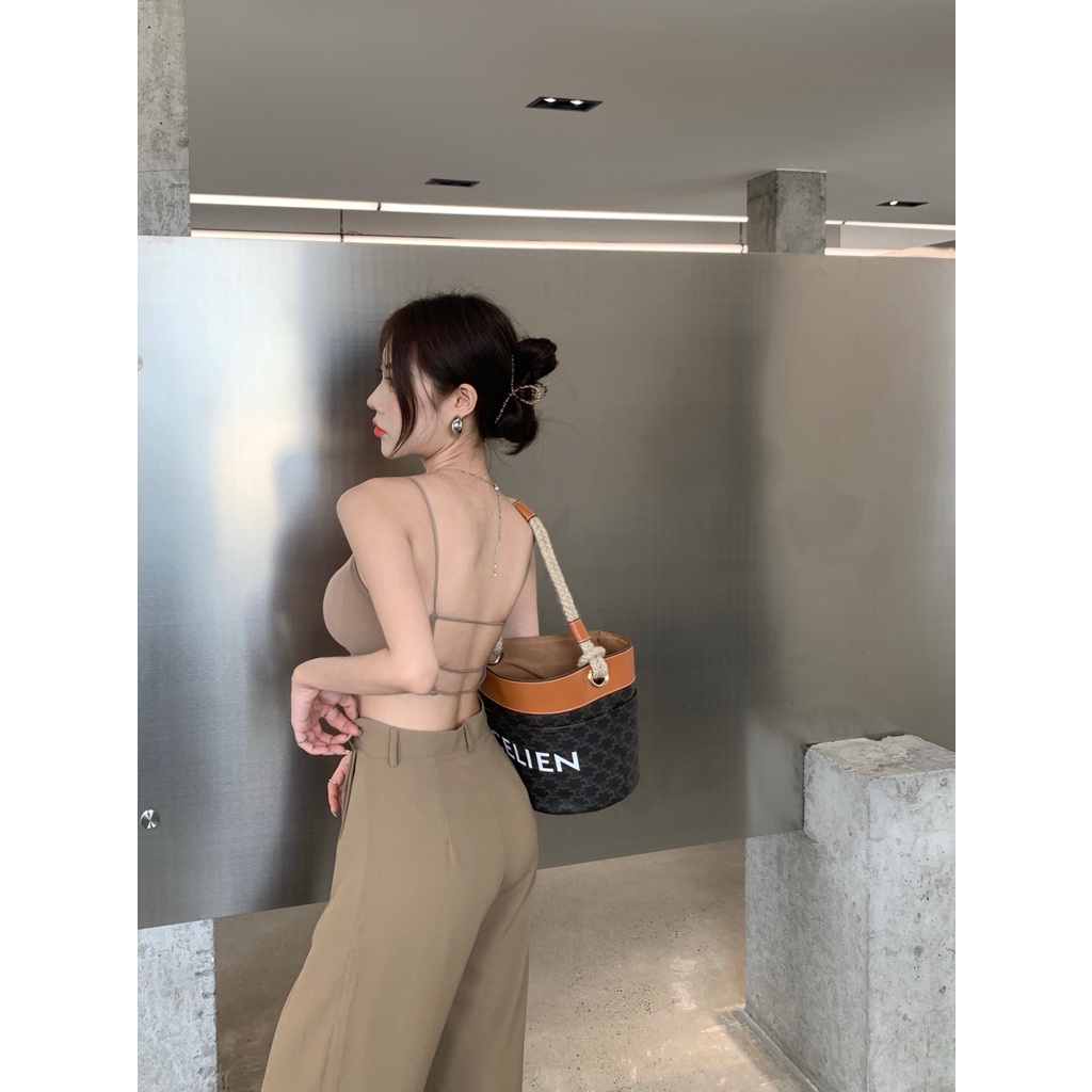 Bộ Áo Ngực + Quần Yếm Lưng Cao Ống Rộng Có Đệm Ngực Không Giảm Đau