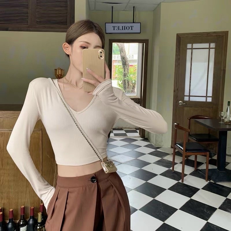Áo V TRƠN TAY DÀI GB croptop ôm body nữ cổ tim tay dài trơn dễ thương hàn quốc - Thiên Yết