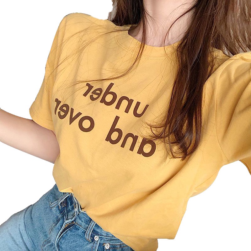 Áo thun IELGY cổ tròn ngắn tay dáng rộng in chữ phong cách Hàn Quốc thời trang hè cho nữ