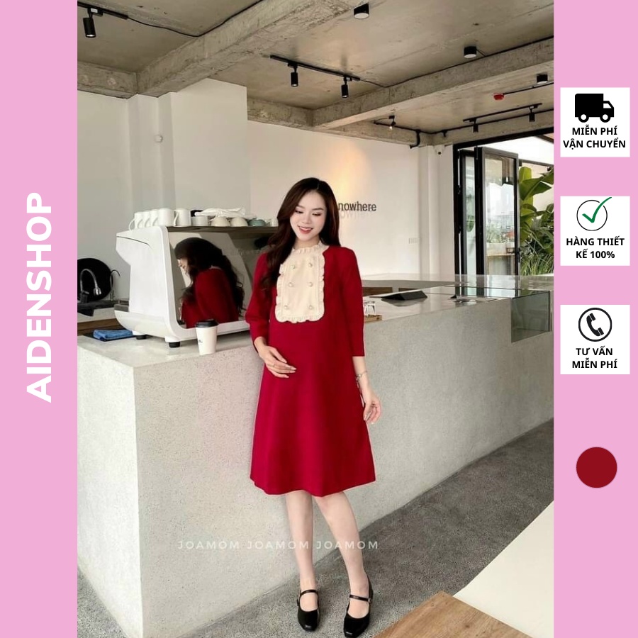 Váy bầu thu đông xinh Aidenshop Đầm bầu Tết màu đỏ dài tay chất nhung tăm