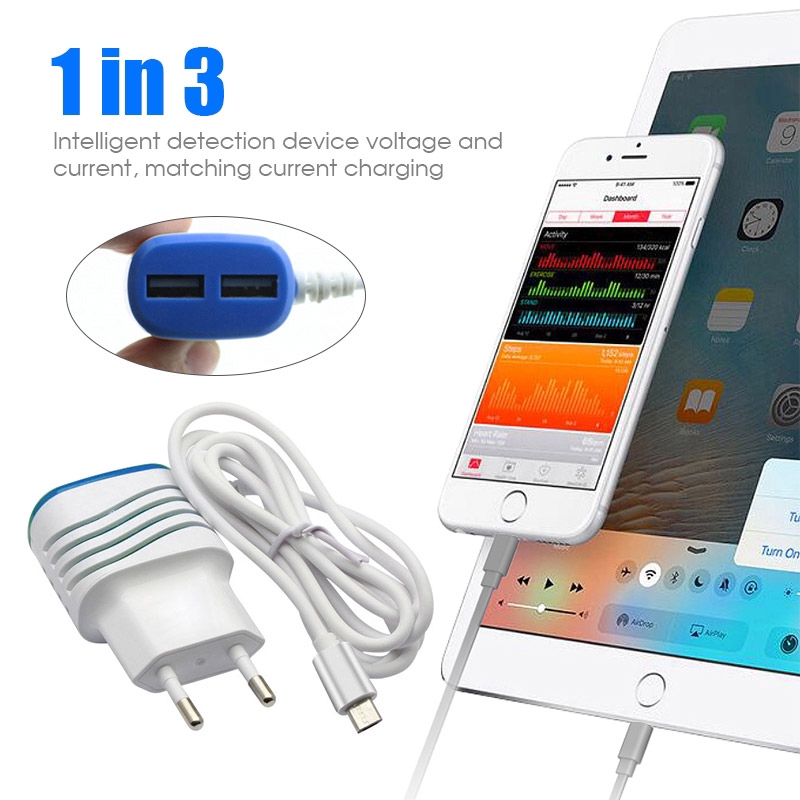 Củ sạc nhanh 2 cổng USB 2A 3 trong 1 giắc cắm EU dành cho iPhone Samsung Xiaomi