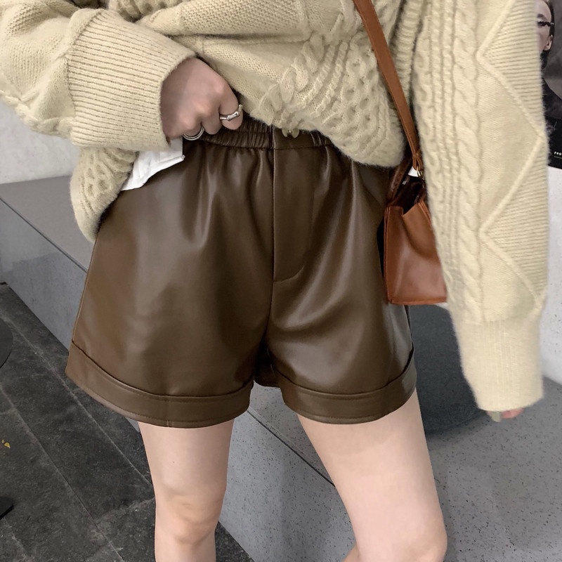 Quần short da PU lưng cao phong cách Hàn Quốc
