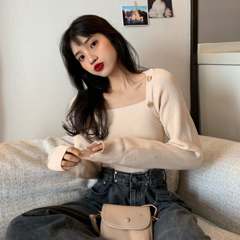 Áo dệt kim tay dài cổ vuông phối hàng nút phong cách Hàn Quốc