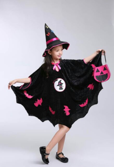 Trang phục hóa trang Halloween áo choàng phù thủy đen cánh dơi cho bé gái
