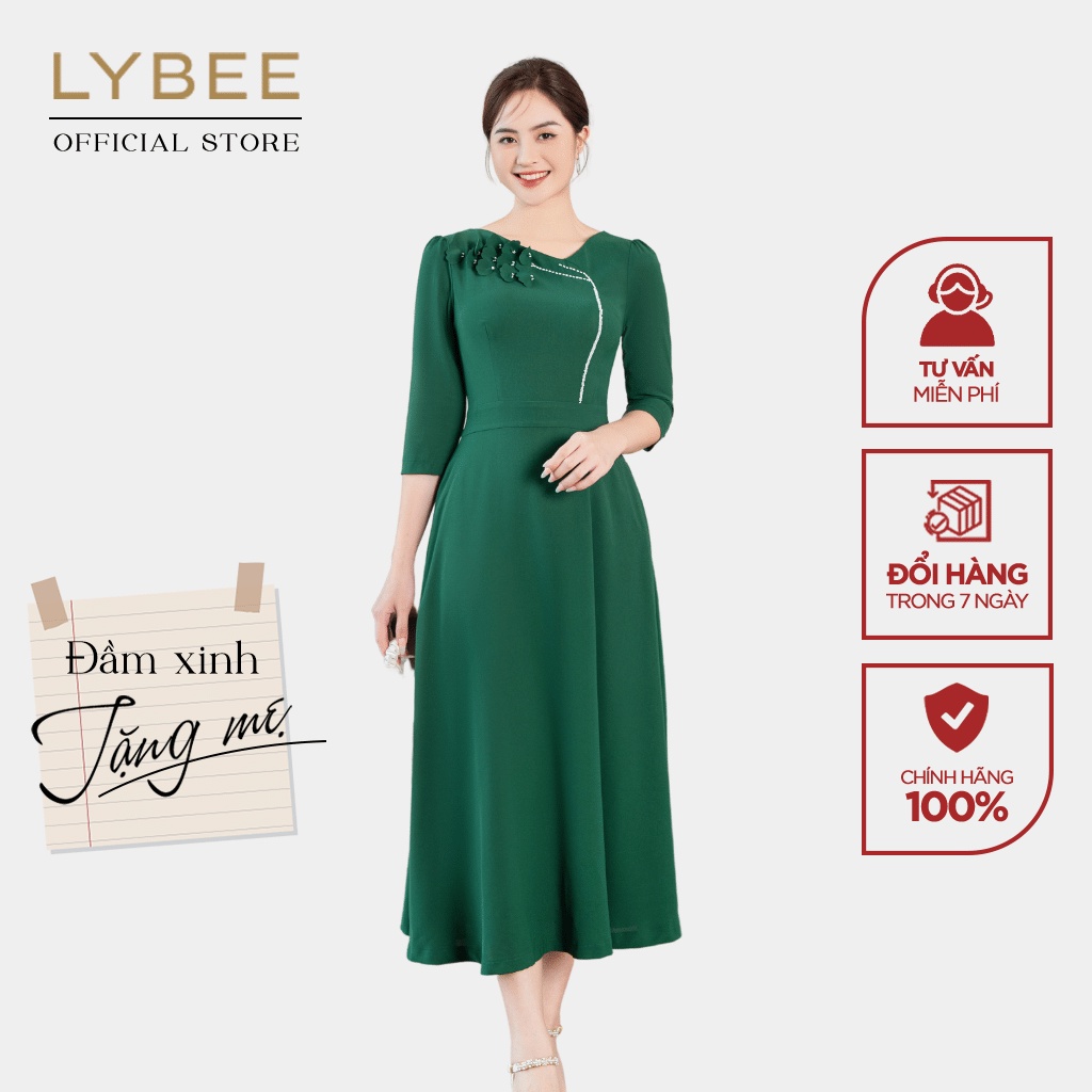 Đầm trung niên nữ thiết kế LYBEE LV792 thời trang trung niên cho mẹ chất đũi hàn cao cấp màu xanh vàng đỏ