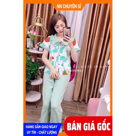 Đồ bộ nữ mặc nhà cổ tiểu thư chất kate mềm in hình bò sữa dễ thương DBKIHTN42