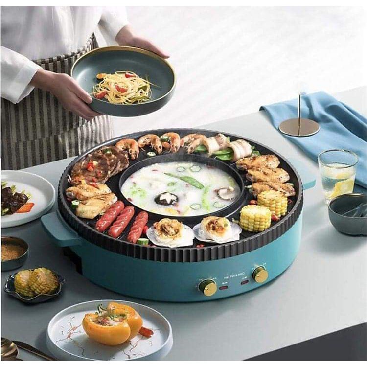 Nồi lẩu nướng đa năng BBQ 2 in 1 có 2 mâm nhiệt, công suất 1350w - bếp lẩu nướng điện đa năng - T2K Max