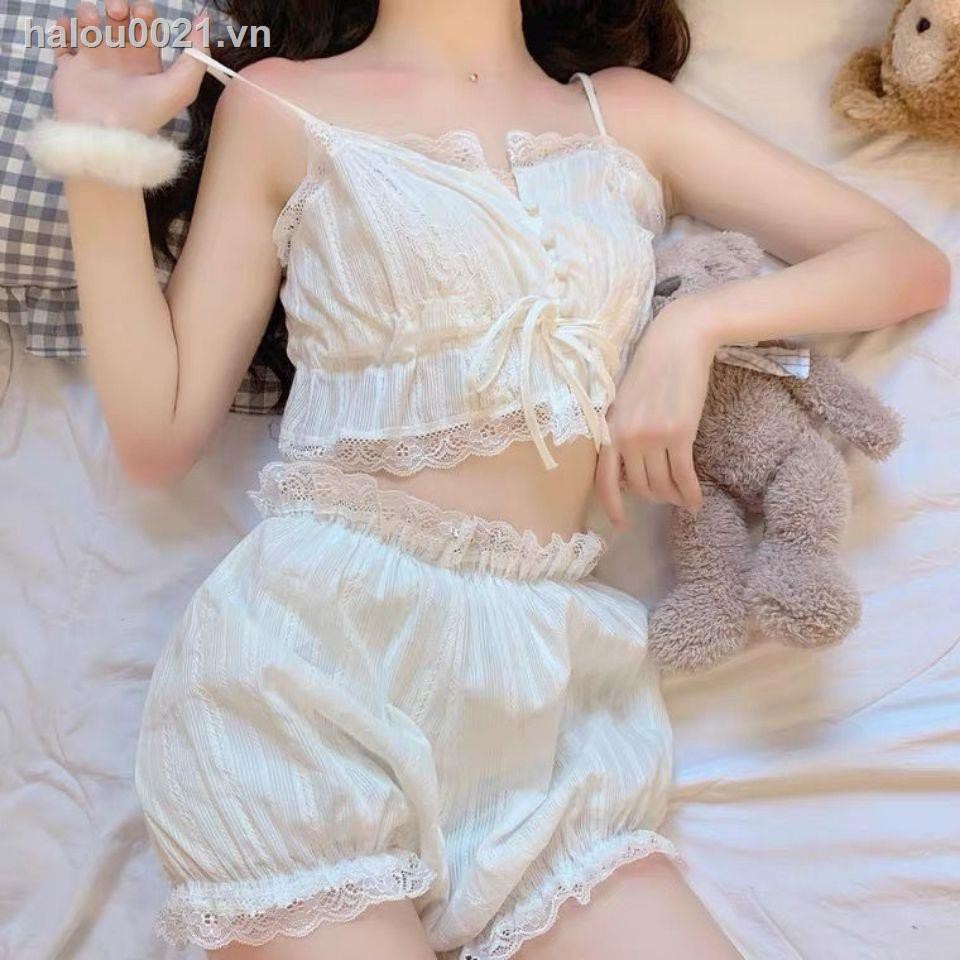 ☽○✇✿Ready stock✿  Beauty kiss: sexy pajamas women summer 2021 new lace vest suspenders thin sexy ice silk two-piece suit