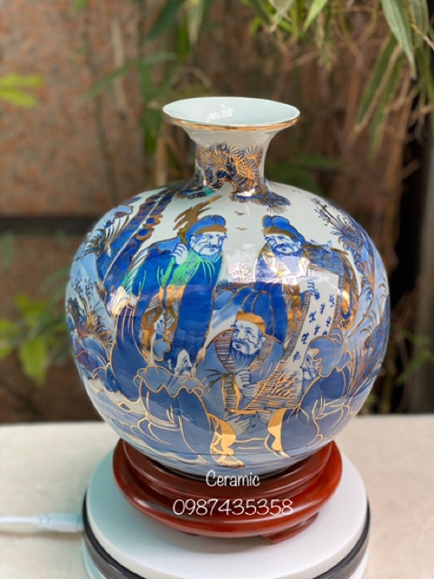 Bình hút tài lộc men lam vẽ vàng kim gốm sứ Bát Tràng