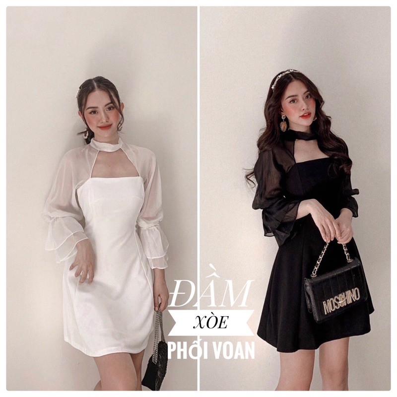 Đầm dự tiệc xoè phối voan / Đầm xoè nơ cổ phối vaon