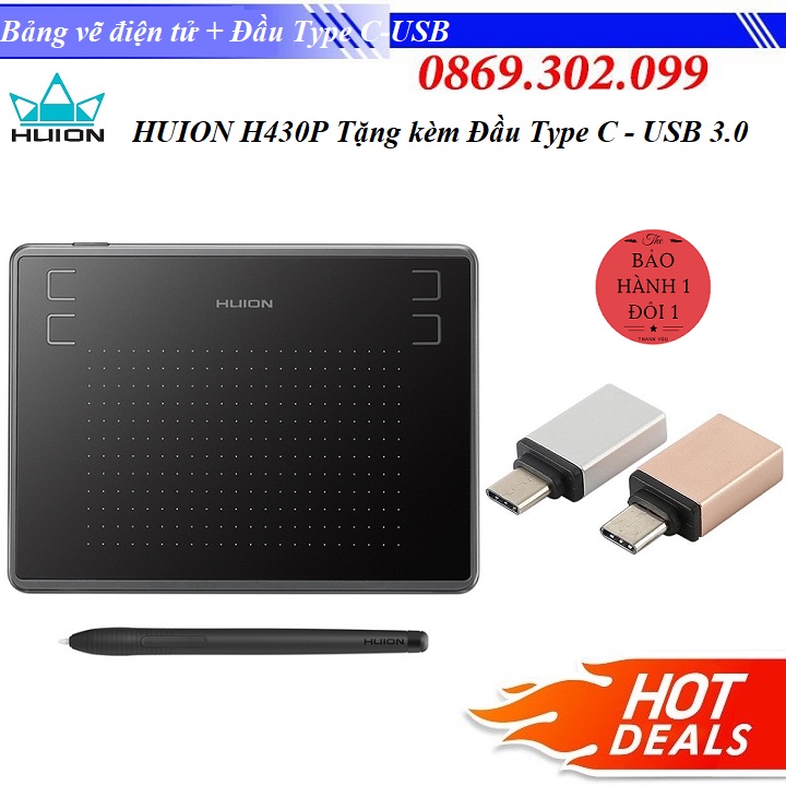 [ Chính hãng ]  Bảng vẽ cảm ứng dùng HUION H430P Tặng kèm Đầu chuyển đổi cổng Type C sang USB 3.0