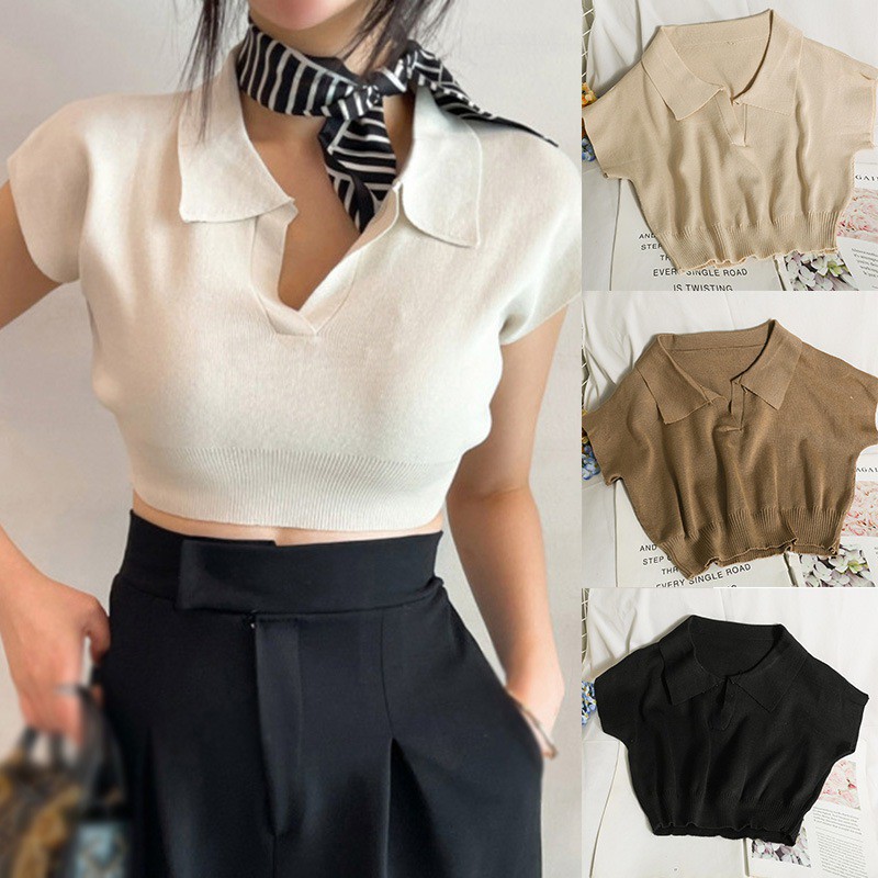 Áo Thun Dệt Kim Tay Ngắn Cổ Bẻ Màu Trơn Dáng Ôm Thời Trang Cho Nữ